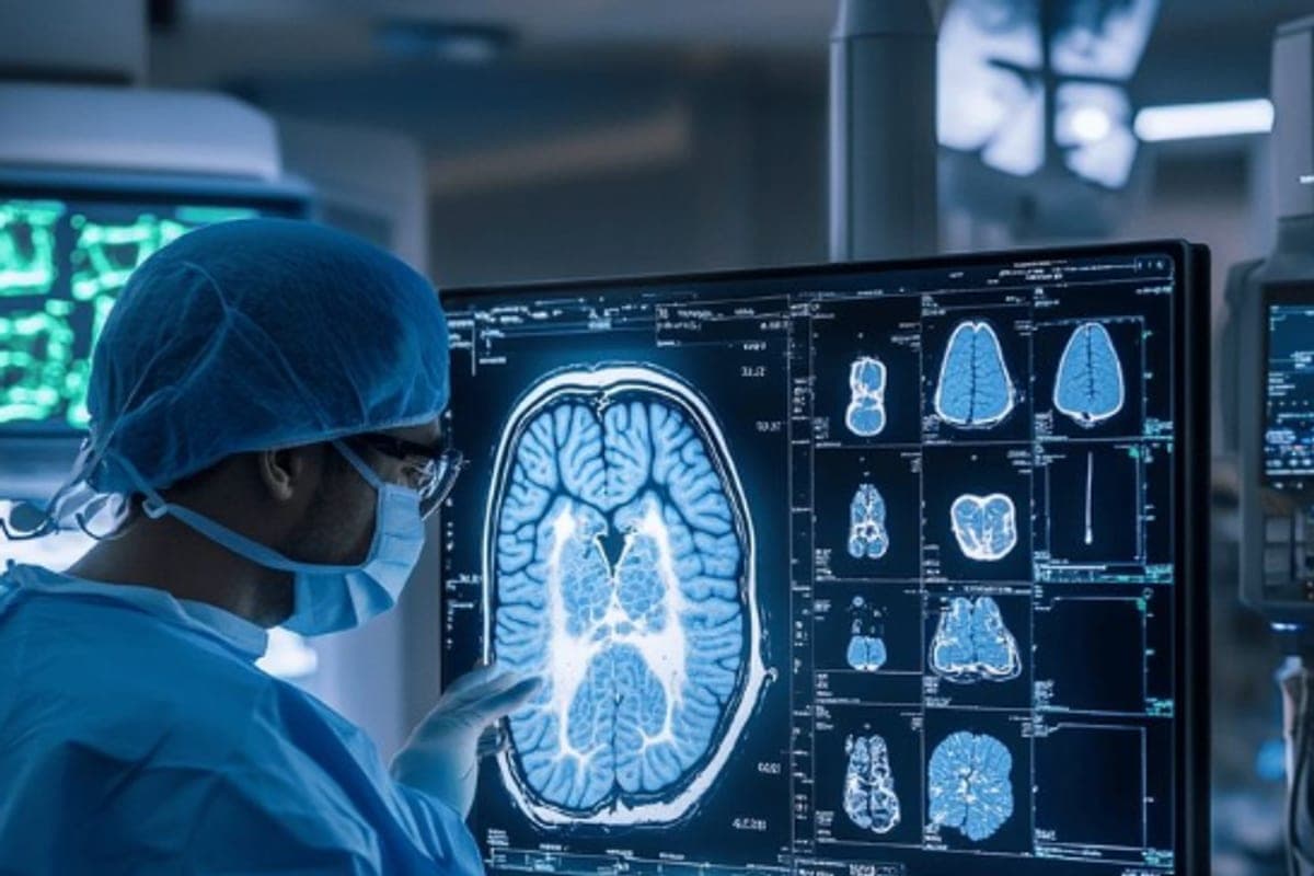 Surgeon reviewing brain scans in theatre