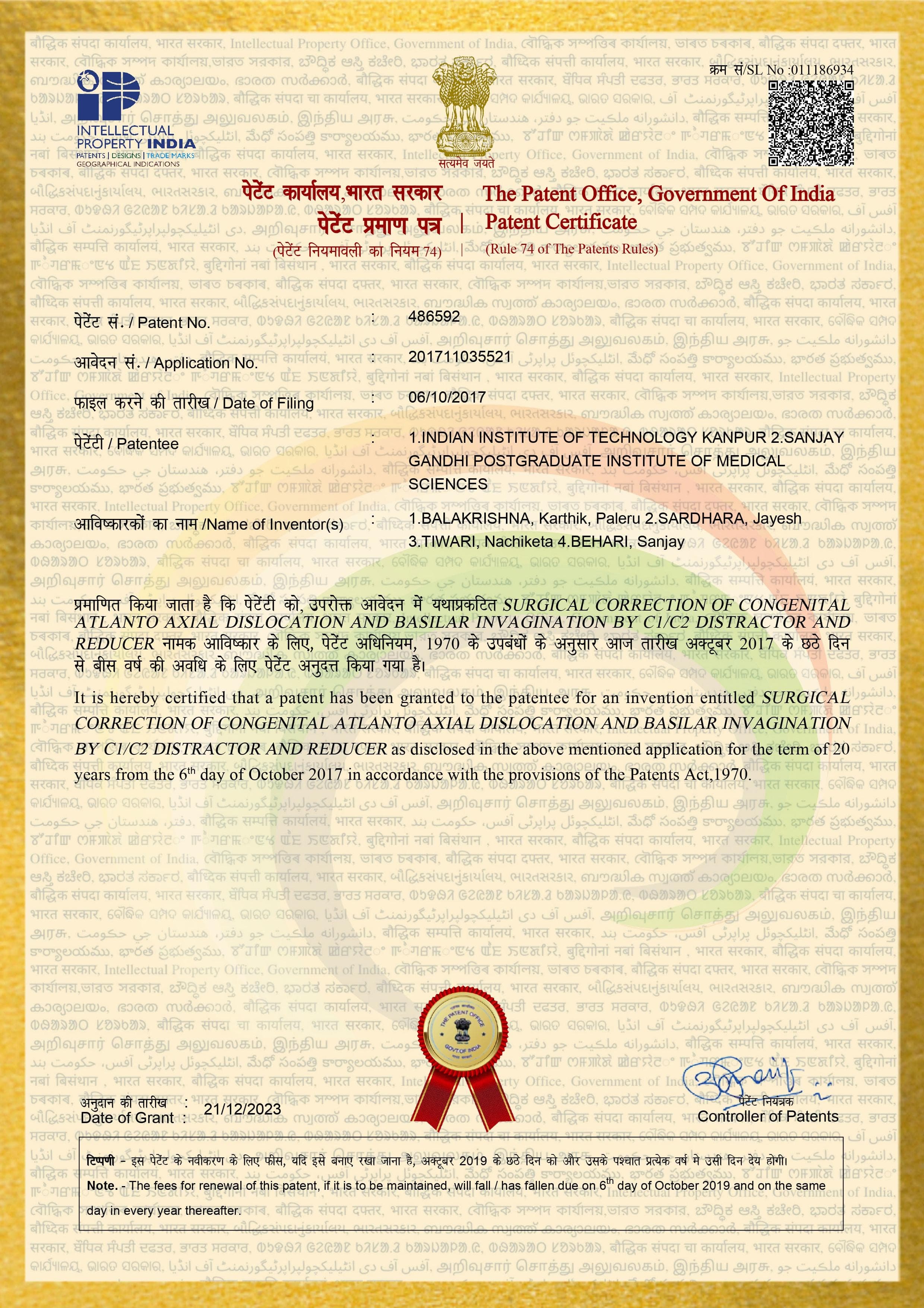 Certificate awarded to Dr. Jayesh Sardhara